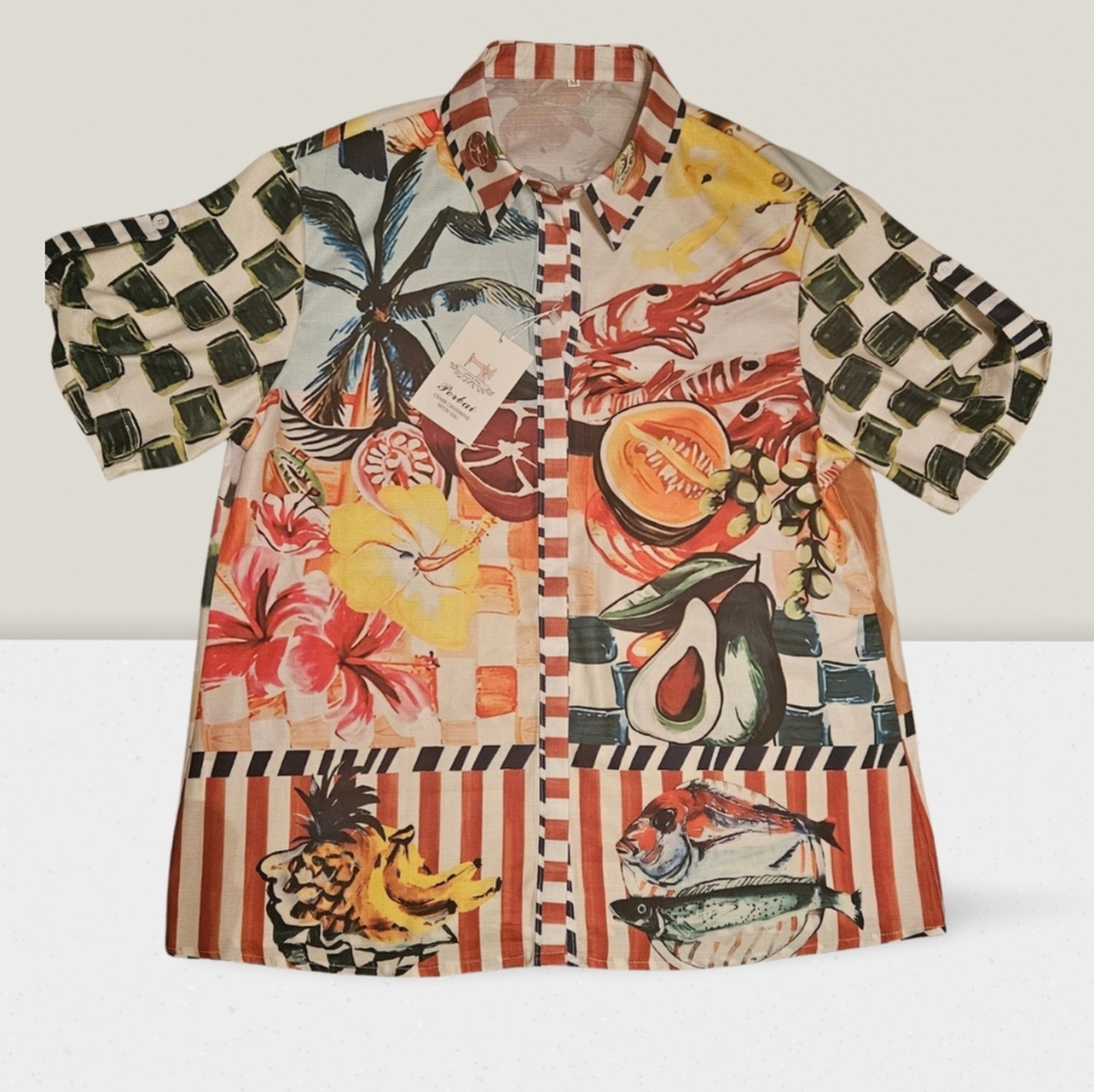Perbai Tropical Print Shirt Women's Meduim New With Tags Bright Unique Print